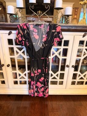 Black Floral Wrap Dress with Pink Accents